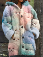 Women's Funny Cats Pattern Art Print Casual Fleece Coat