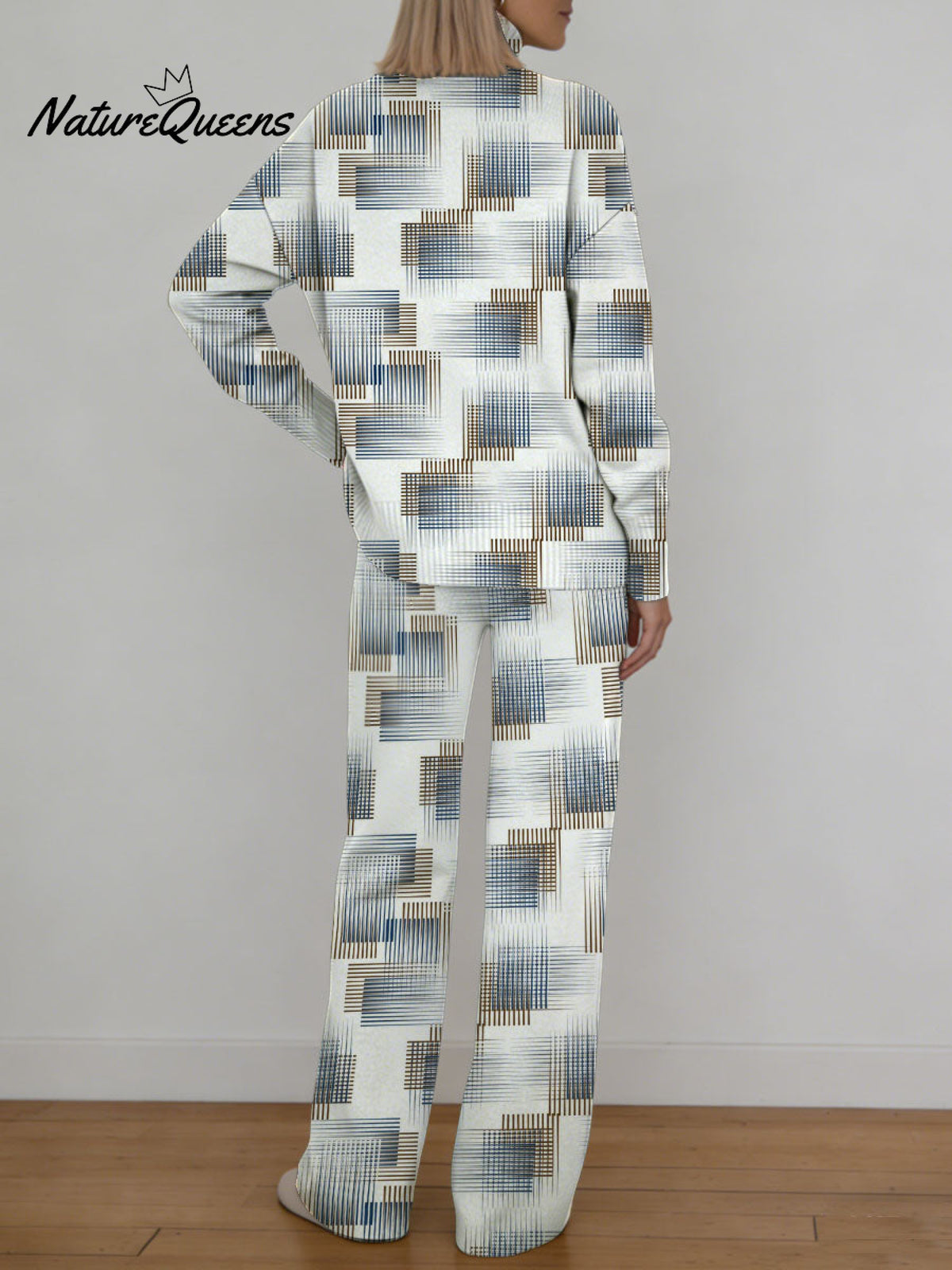 Geometric Lines Square Decorative Patterns Casual Stand Collar Long Sleeve Top And Elastic Waistband Pants