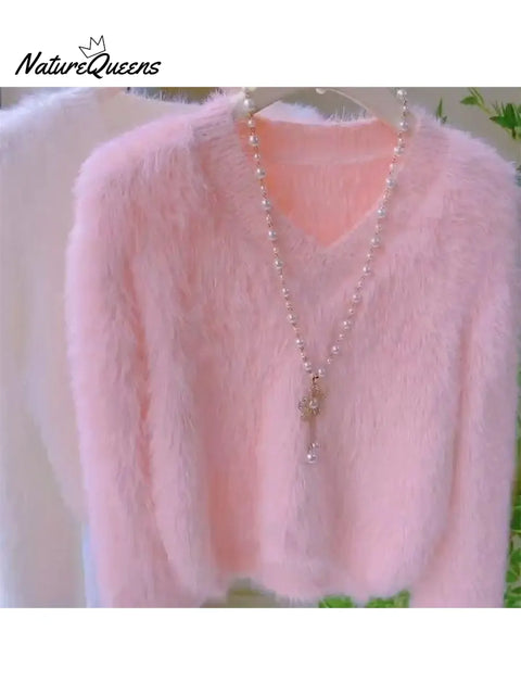 Women's Candy-Colored Plush V-Neck Sweater