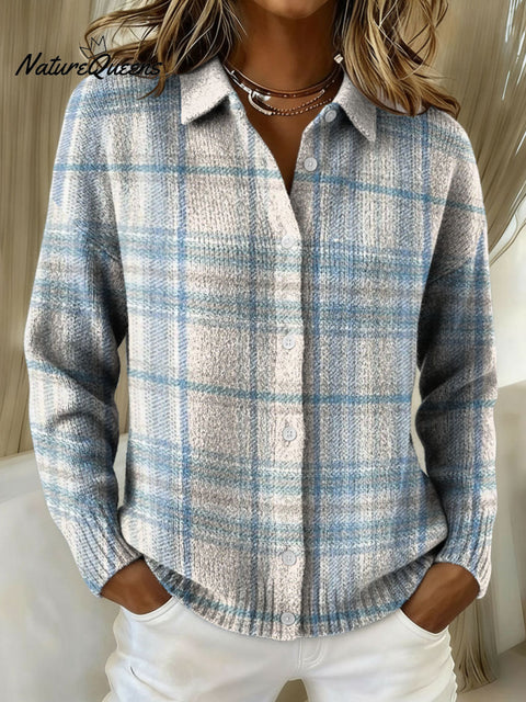 Fresh Plaid Decorative Pattern Casual Shirt Collar Long Sleeve Sweater