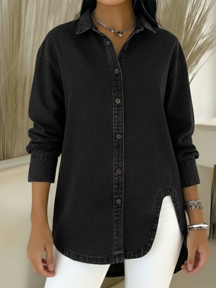 Casual Curved Hem Denim Shirt Top
