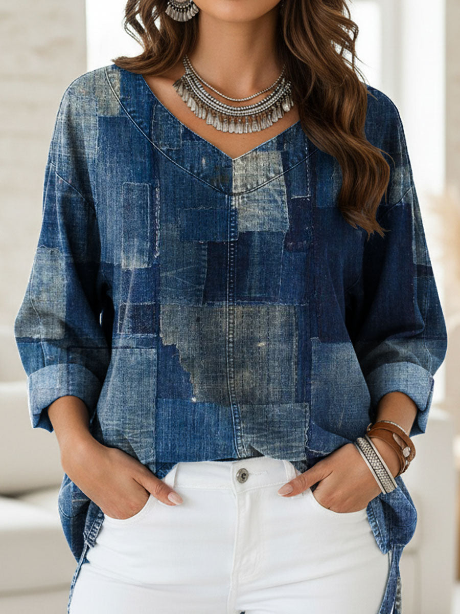 Women's Retro Patchwork Print Casual Denim Shirt