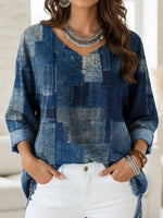 Women's Retro Patchwork Print Casual Denim Shirt
