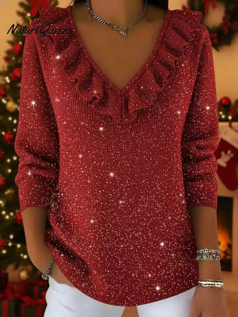 Christmas Elegant V-neck Ruffled Sparkly Sweater Top