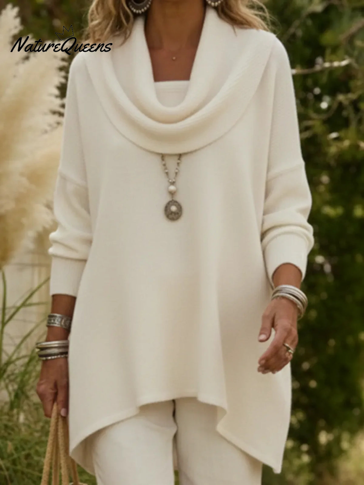 Elegant Draped Collar Irregular Hem Sweater Pullover