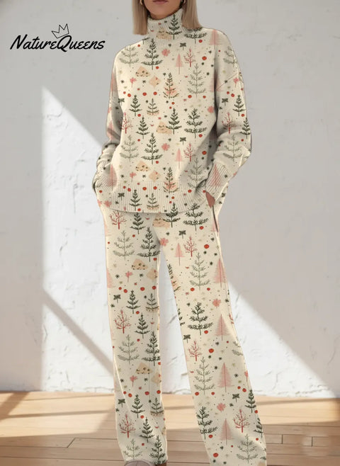 Women's Christmas Tree Pattern Art Print Casual Knitted Cotton Top Pants Suit