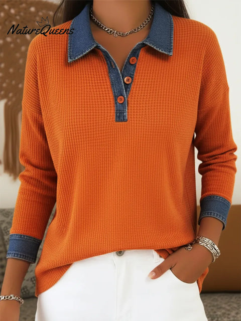 Casual Denim Paneled Polo Collar Button-down Waffle Top