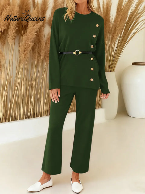 Women's Solid Color Round Neck Long Sleeve Casual Button-Down Loose Top and High-Waisted Wide-Leg Casual Pants Set