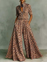 Women's Leopard Print Matching Set: Short-sleeve Shirt-collar Loose-fit Top & High-waisted Wide-leg Pants