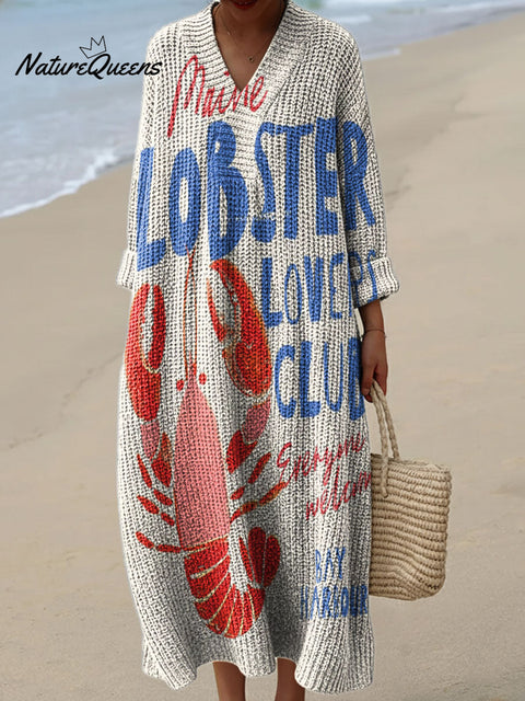 Lobster Decorative Pattern Women's Casual V-collar Long Sleeve Dress