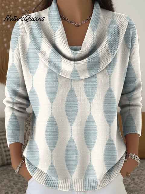 Women's Blue Pattern Print Cowl Neck Sweater