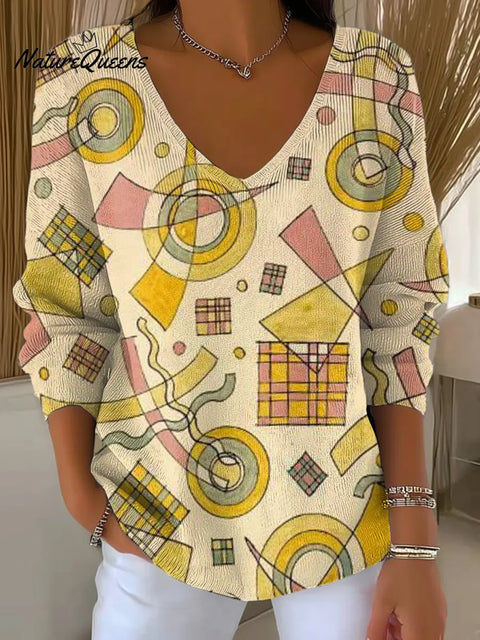 Women's Abstract Geometric Pattern Art Print Casual V-Neck Sweater