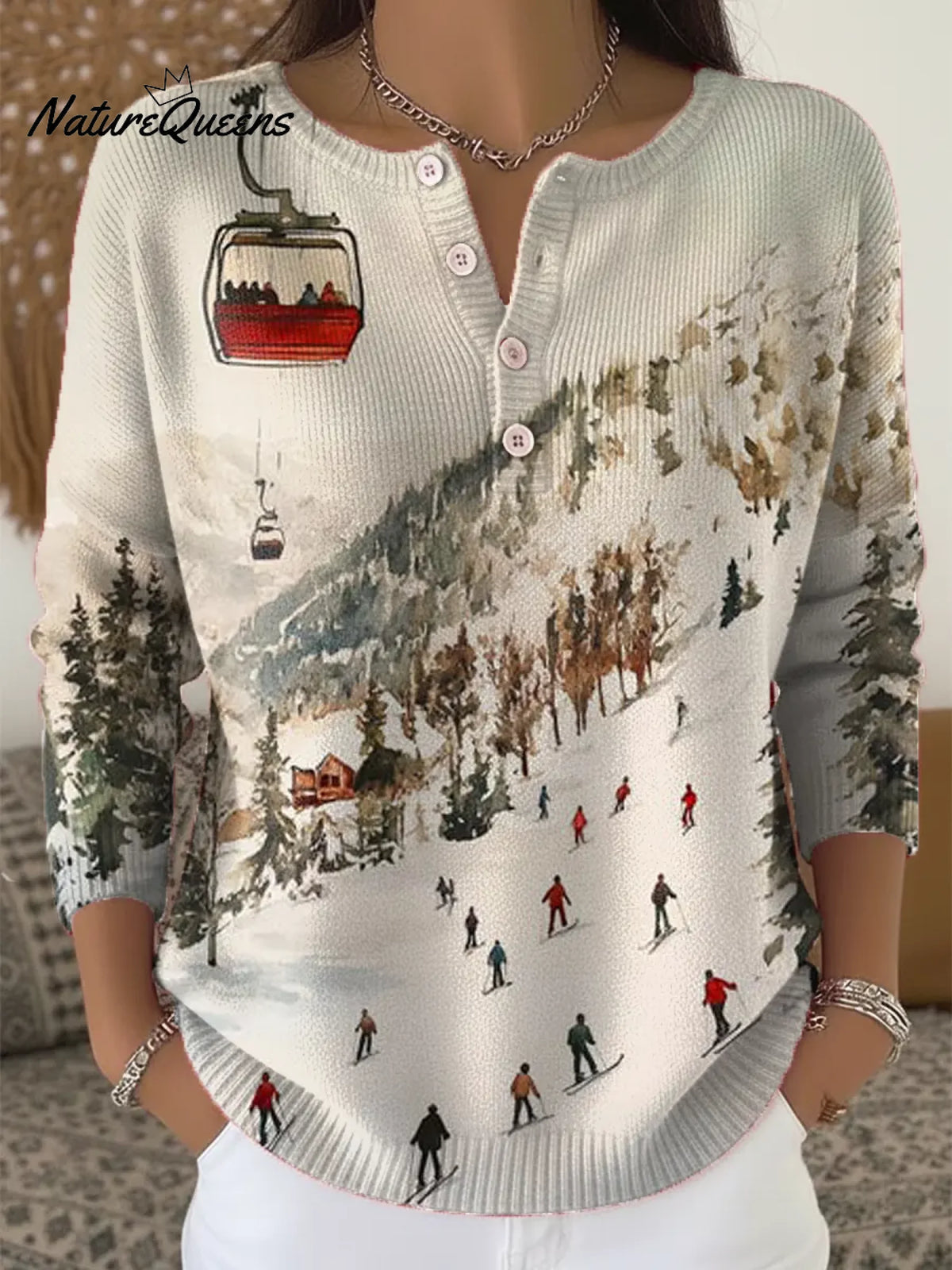 Women's Christmas Skiing Print Buttoned Cardigan Sweater