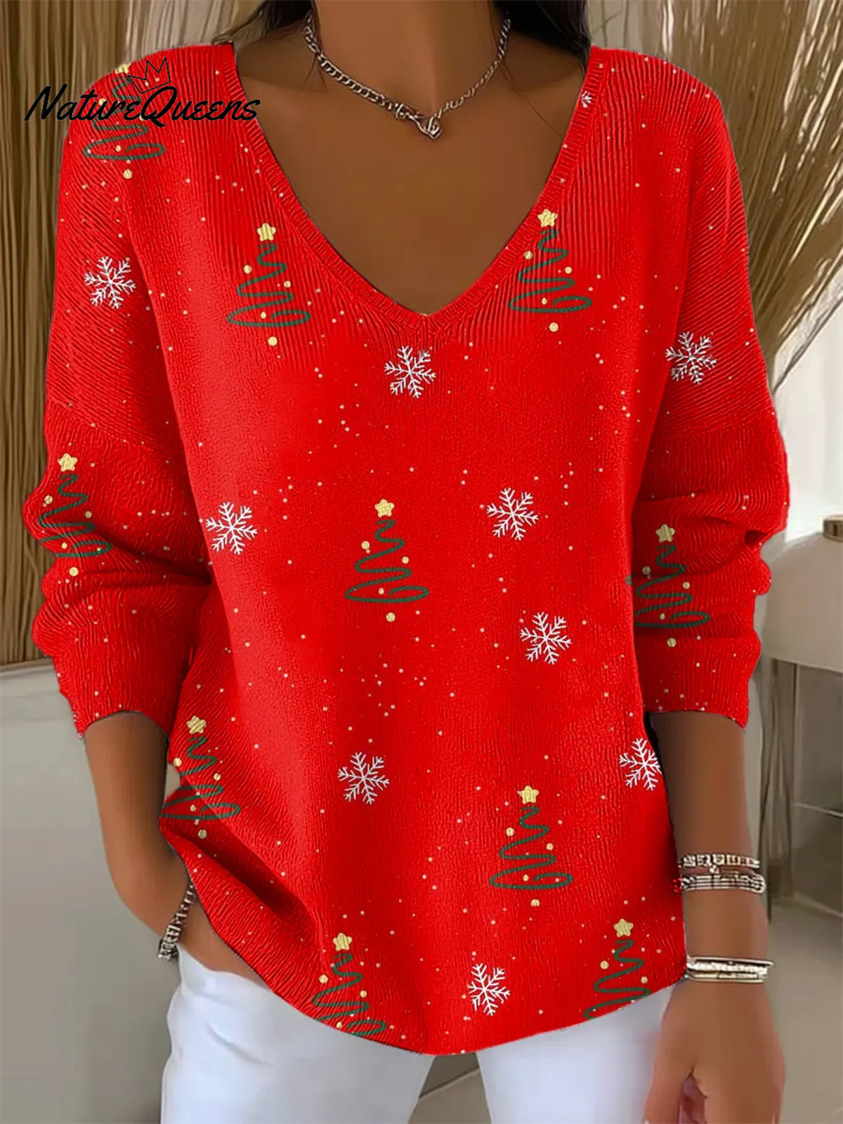 Women's Vintage Christmas Art Print V-neckLooseSweater