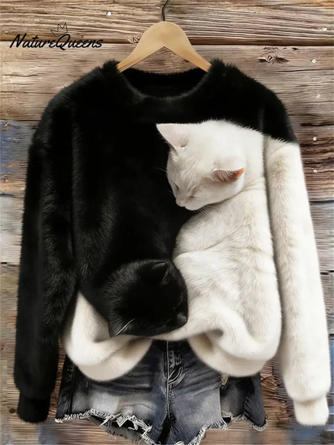 Women's Funny Cats Pattern Art Print Casual Velvet Sweatshirt