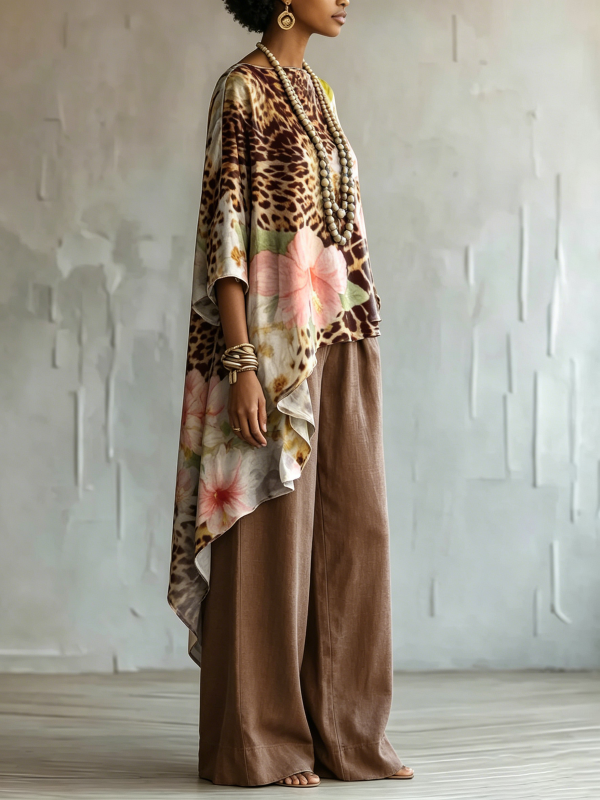 Loose-fit Leopard Print & Floral Cotton-linen Top + Wide-leg Pants Set