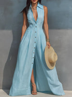Vacation-style Linen Sleeveless Shirt Dress