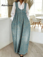 Women's Abstract Line Pattern Art Print Casual Cotton Denim Dress