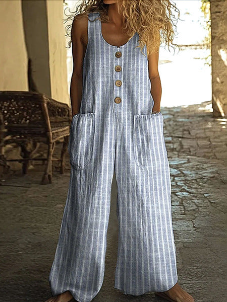 Women's Vintage Striped Print Casual Cotton And Linen Loose Straight-leg Wide-leg Pants