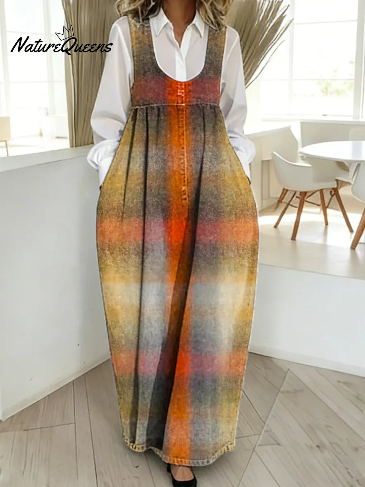 Women's Plaid Pattern Art Print Casual Cotton Denim Dress