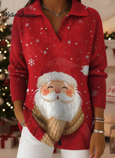 Santa Claus Print Lapel Casual Knit Sweater
