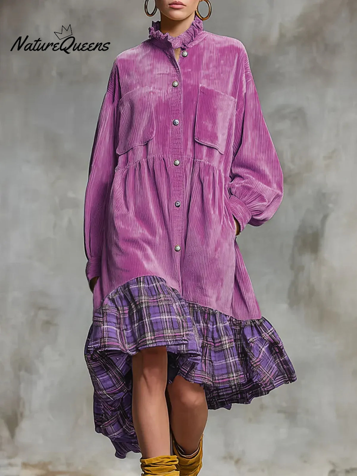 Women's Stand Collar Long Sleeve Plaid Print Casual Loose Corduroy Patchwork Dress