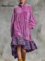 Women's Stand Collar Long Sleeve Plaid Print Casual Loose Corduroy Patchwork Dress