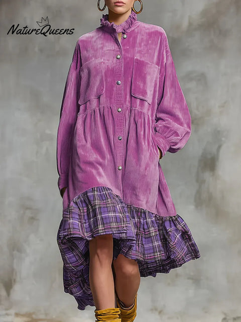 Women's Stand Collar Long Sleeve Plaid Print Casual Loose Corduroy Patchwork Dress
