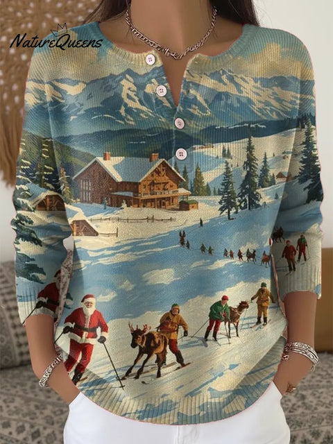 Women's Christmas Skiing Print Buttoned Cardigan Sweater