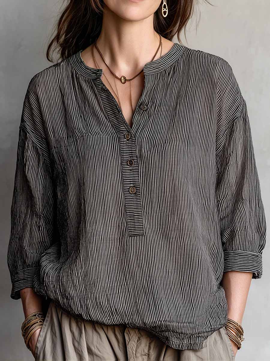Women's Striped Print V-Neck 3/4-sleeve Casual Loose Cotton-linen Top