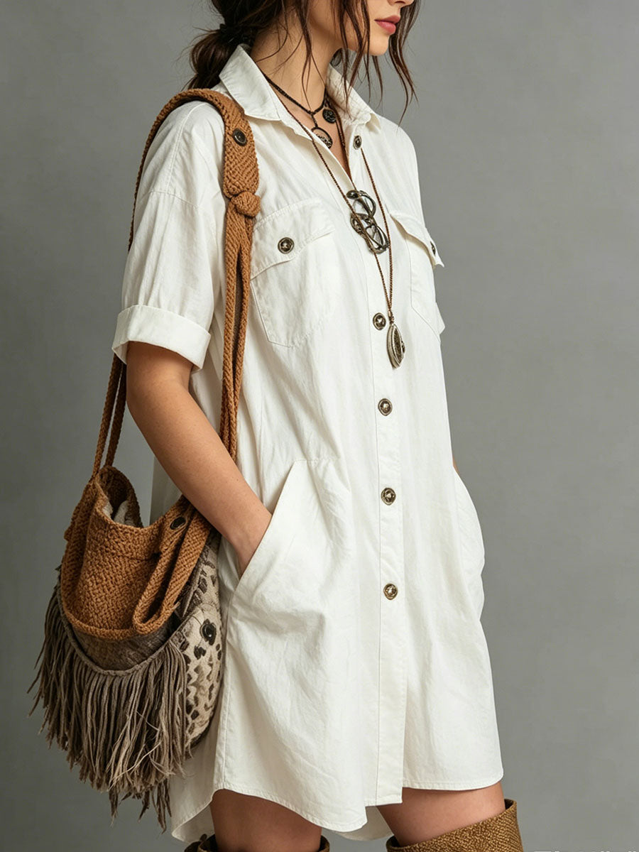 Women's Casual Retro Lapel Flap-pocket Mini Skirt