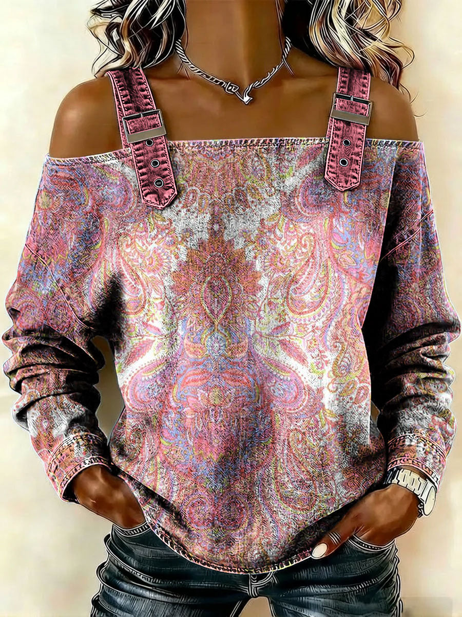 Women‘s Vintage Pattern Art Print Casual Cotton Denim Shirt