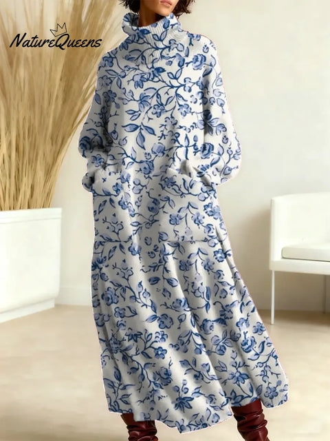 Women's Floral Pattern Art Print Casual Cotton Knitted Dress