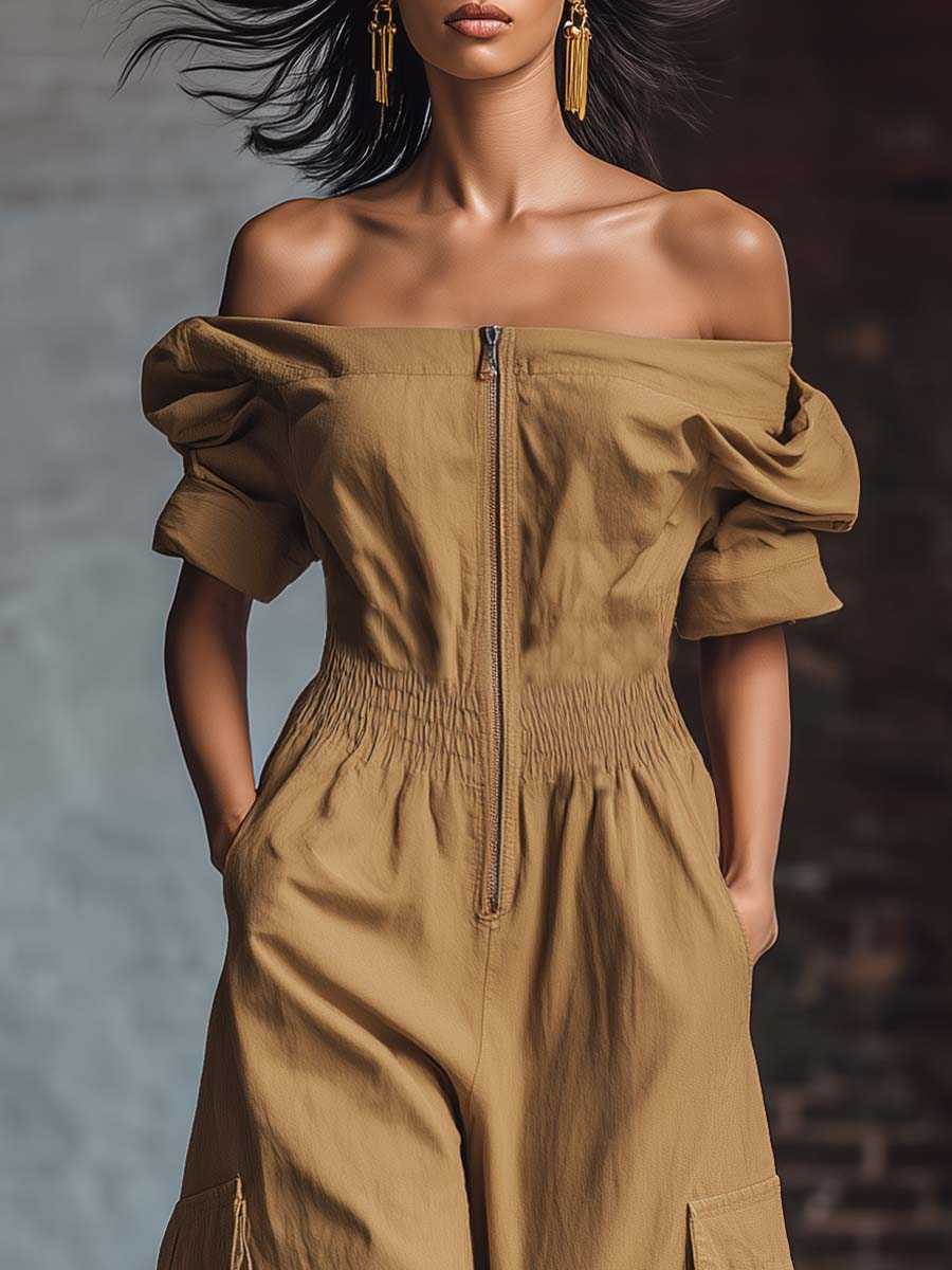 Elegant Off-the-shoulder Zippered Cotton Jumpsuit