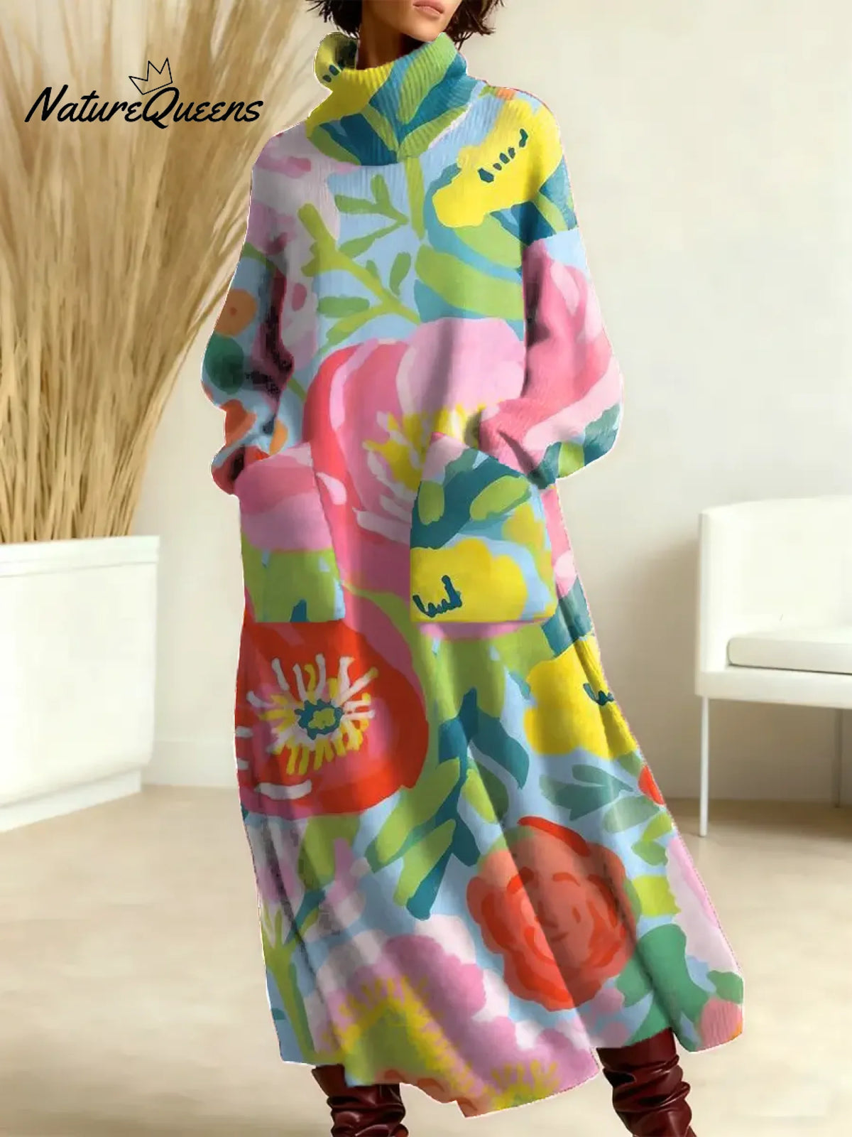 Women's Vintage Flower Pattern Art Print Casual Cotton Knitted Dress