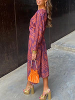 Women's Retro Floral Art Casual V Neck Long Sleeve Stylish Dress