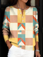 Women's Vintage Abstract Geometry Art Print Buttoned Cardigan Sweater