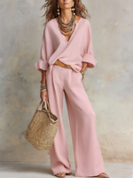 Cozy Minimalist V-neck Cotton-linen Two-piece Set