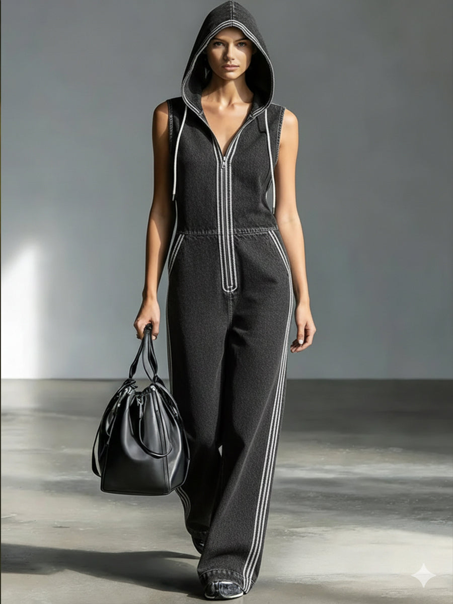 Casual Patchwork Striped Hooded Denim Jumpsuit