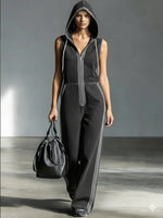 Casual Patchwork Striped Hooded Denim Jumpsuit