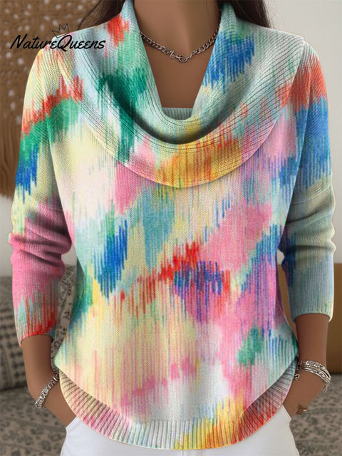 Women's Color Gradient Pattern Art  Print Cowl Neck Sweater