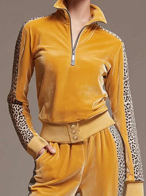 Casual Sporty Retro Leopard Print Sweatshirt And Wide-leg Pants Two-piece Set