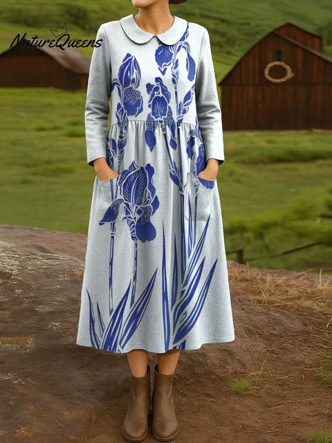 Elegant Floral Decorative Patterns Women's Casual Peter Pan Collar Long Sleeve Dress