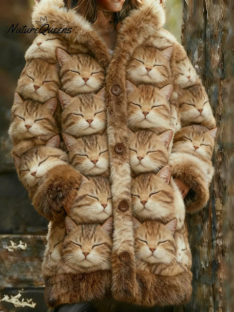 Women's Funny Cats Pattern Art Print Casual Fleece Coat