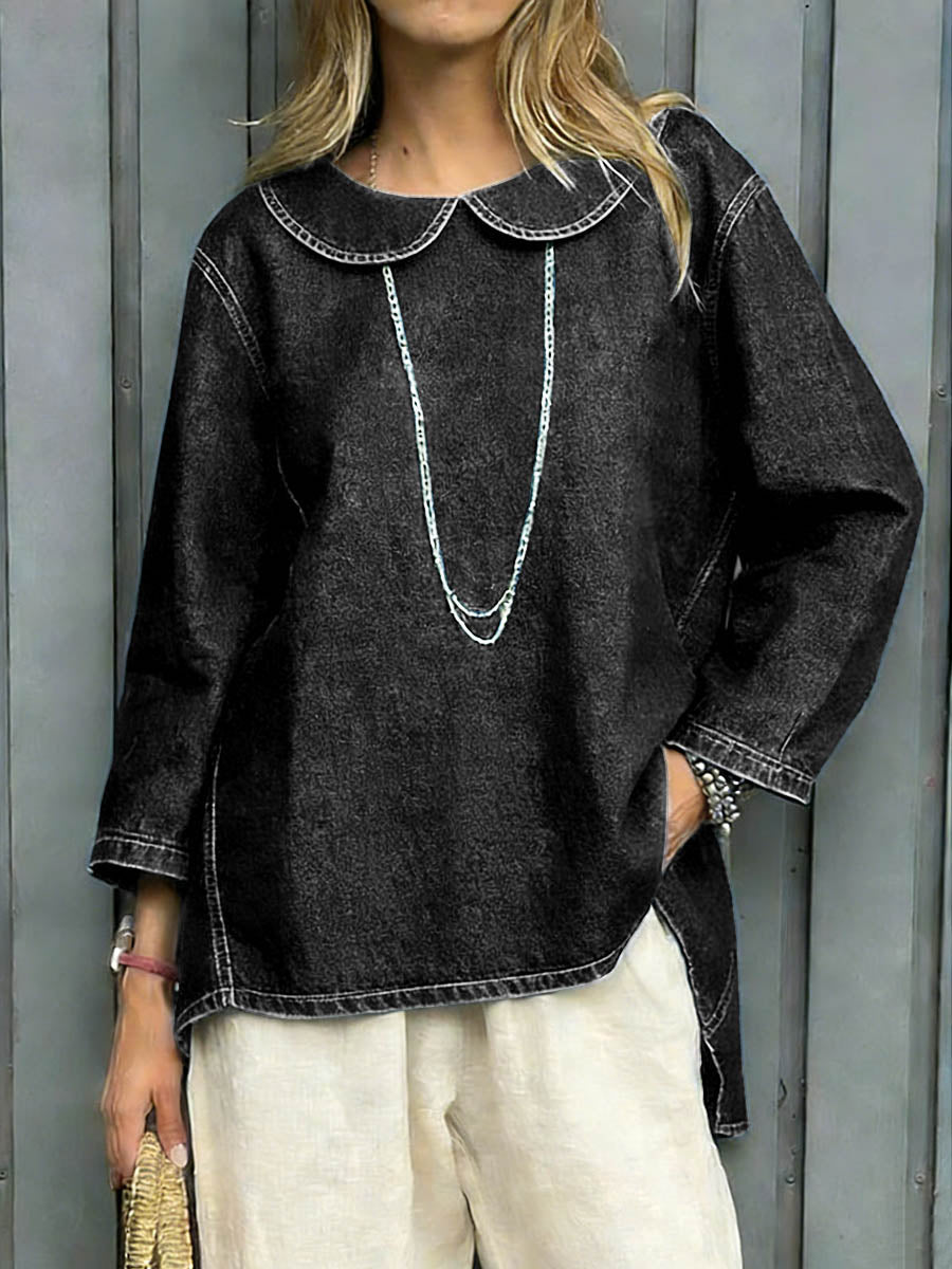Women's Peter Pan Collar Long-sleeved Casual Loose-fitting Simple Denim Top