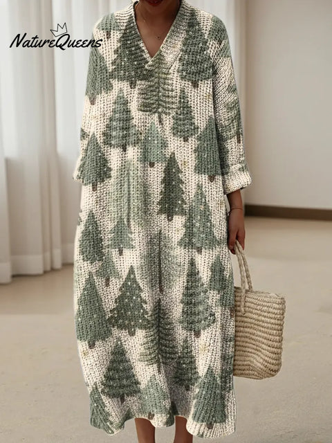 Retro Christmas Tree Print Knitted V-neck Dress
