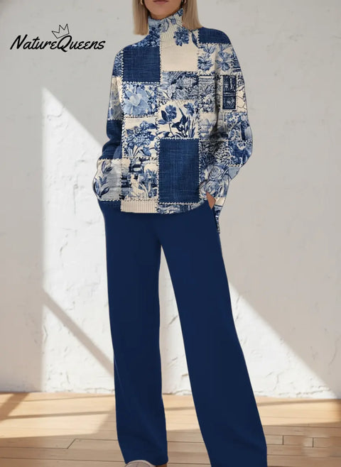 Women's Floral Pattern Art Print Casual Knitted Cotton Top Pants Suit