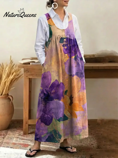 Women's Retro Oil Painting Print U-neck Sleeveless Casual Loose Cotton Vest Dress