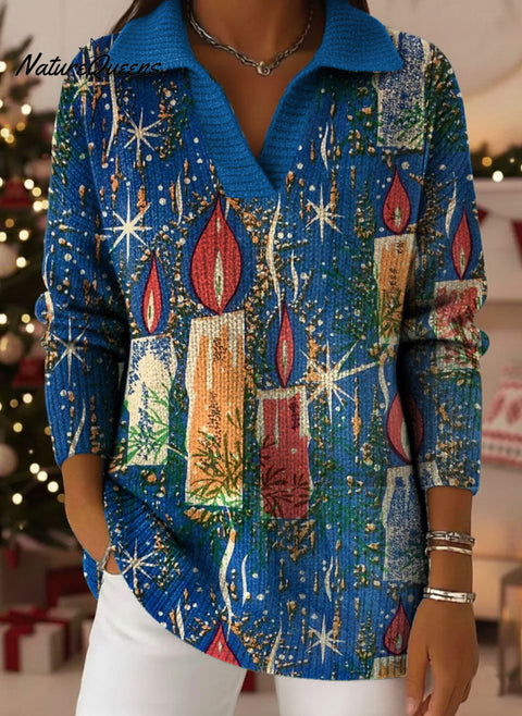 Retro Christmas Candle Art Pattern Polo Collar Shiny Loose Sweater Top