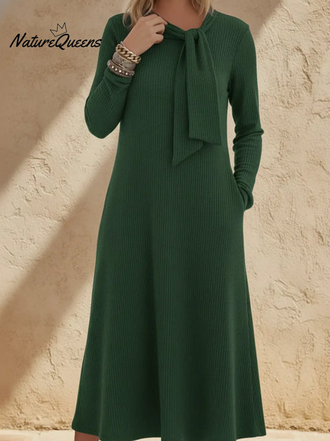 Elegant Ribbon Tie-neck Knit Midi Dress